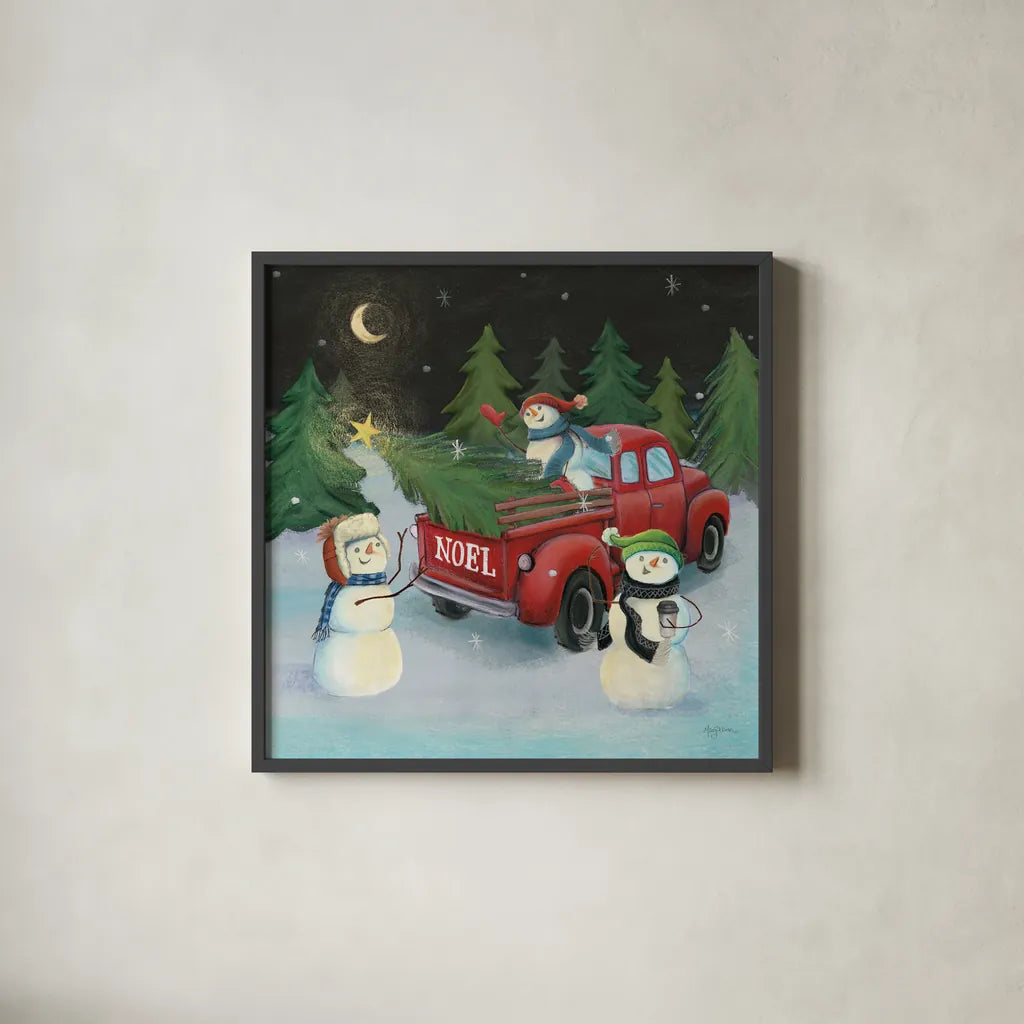 Christmas on Wheels VI by Mary Urban. Shown in a sleek black glass frame for a contemporary gallery look. Available as an archival giclee rolled canvas, fine art paper, or poster print. SKU 54717a.