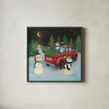 Christmas on Wheels VI by Mary Urban. Shown in a sleek black glass frame for a contemporary gallery look. Available as an archival giclee rolled canvas, fine art paper, or poster print. SKU 54717a.