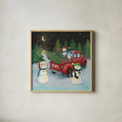 Christmas on Wheels VI by Mary Urban. Shown in a natural wood glass frame for a timeless modern aesthetic. Available as an archival giclee rolled canvas, fine art paper, or poster print. SKU 54717a.