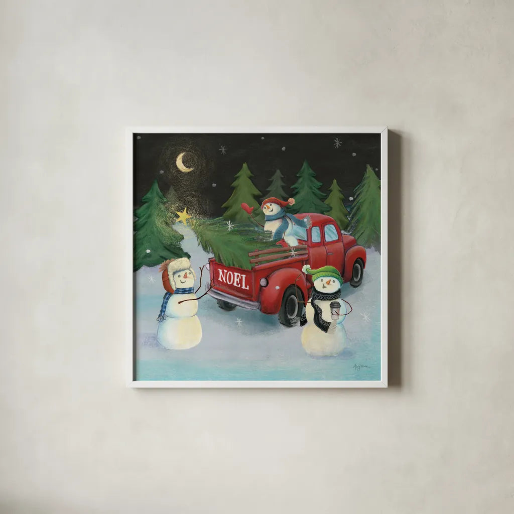 Christmas on Wheels VI by Mary Urban. Shown in a crisp white glass frame for a clean and minimalist style. Available as an archival giclee rolled canvas, fine art paper, or poster print. SKU 54717a.