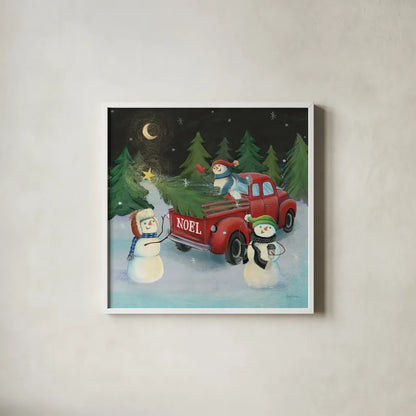 Christmas on Wheels VI by Mary Urban. Shown in a crisp white glass frame for a clean and minimalist style. Available as an archival giclee rolled canvas, fine art paper, or poster print. SKU 54717a.