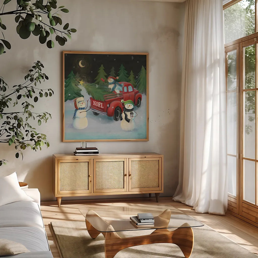 Christmas on Wheels VI by Mary Urban. Shown in a natural wood frame in a cozy modern living room. Available as an archival giclee rolled canvas, fine art paper, or poster print. SKU 54717a.