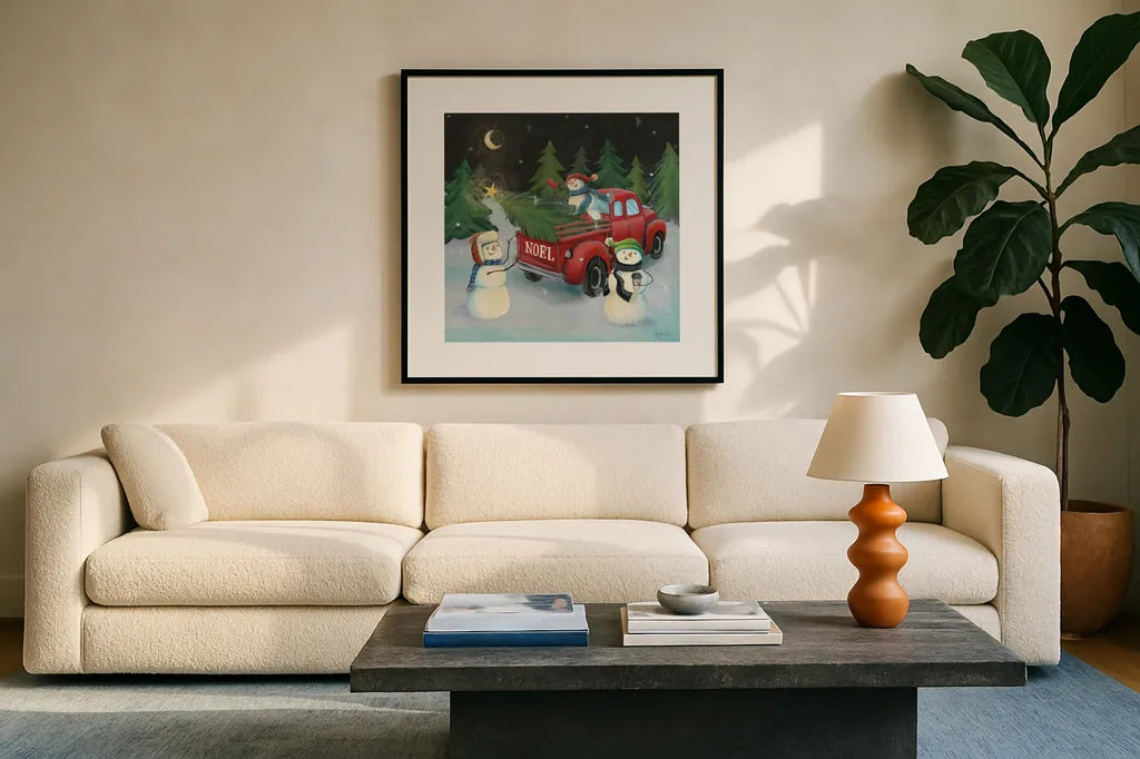 Christmas on Wheels VI by Mary Urban. Displayed in a glass frame with matte in a clean modern living room. Available as an archival giclee rolled canvas, fine art paper, or poster print. SKU 54717a.