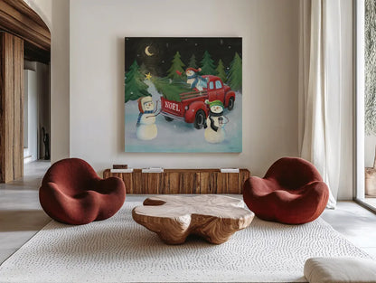 Christmas on Wheels VI by Mary Urban. Shown as extra-large giant wall art in a modern living room. Available as an archival giclee rolled canvas, fine art paper, or poster print. SKU 54717a.