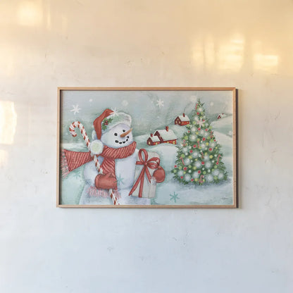 Classic Snowmen I by Mary Urban. shown as a paper print in a natural frame. Available as a archival giclee rolled canvas, fine art paper, or poster print. SKU 47162i.
