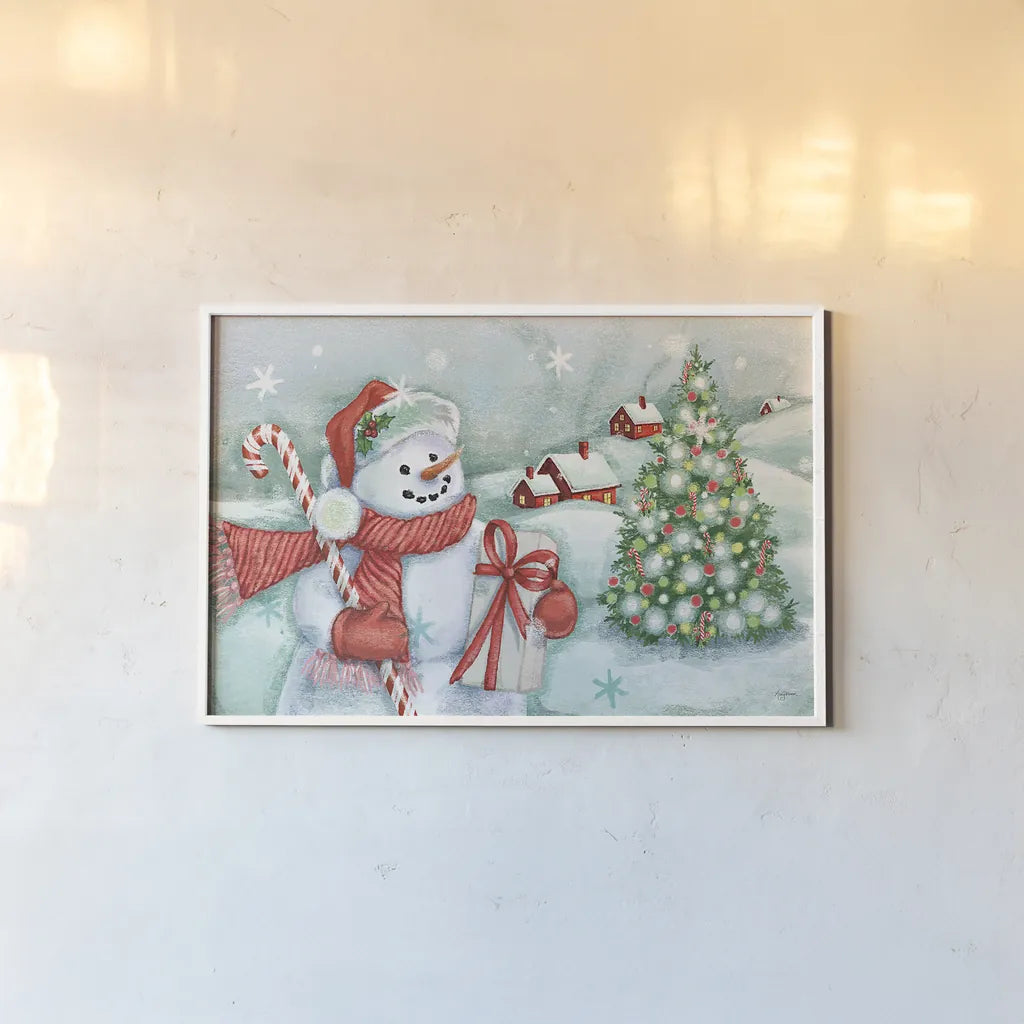 Classic Snowmen I by Mary Urban. shown as a paper print in a white frame. Available as a archival giclee rolled canvas, fine art paper, or poster print. SKU 47162i.
