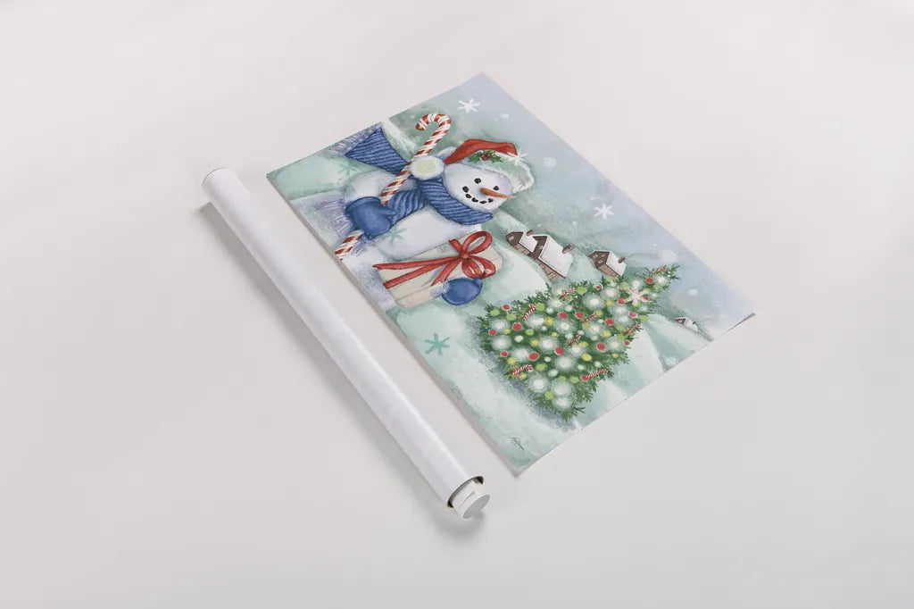 Classic Snowmen I Blue by Mary Urban. shown as a rolled paper print. Available as archival giclee rolled canvas, fine art paper, or poster print. SKU 57863i.
