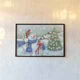Classic Snowmen I Blue by Mary Urban. shown as a paper print in a black flame. Available as a archival giclee rolled canvas, fine art paper, or poster print. SKU 57863i.