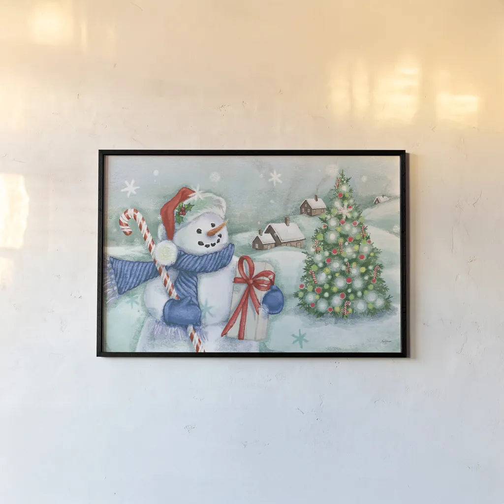 Classic Snowmen I Blue by Mary Urban. shown as a paper print in a black flame. Available as a archival giclee rolled canvas, fine art paper, or poster print. SKU 57863i.