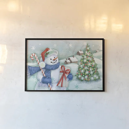 Classic Snowmen I Blue by Mary Urban. shown as a paper print in a black flame. Available as a archival giclee rolled canvas, fine art paper, or poster print. SKU 57863i.