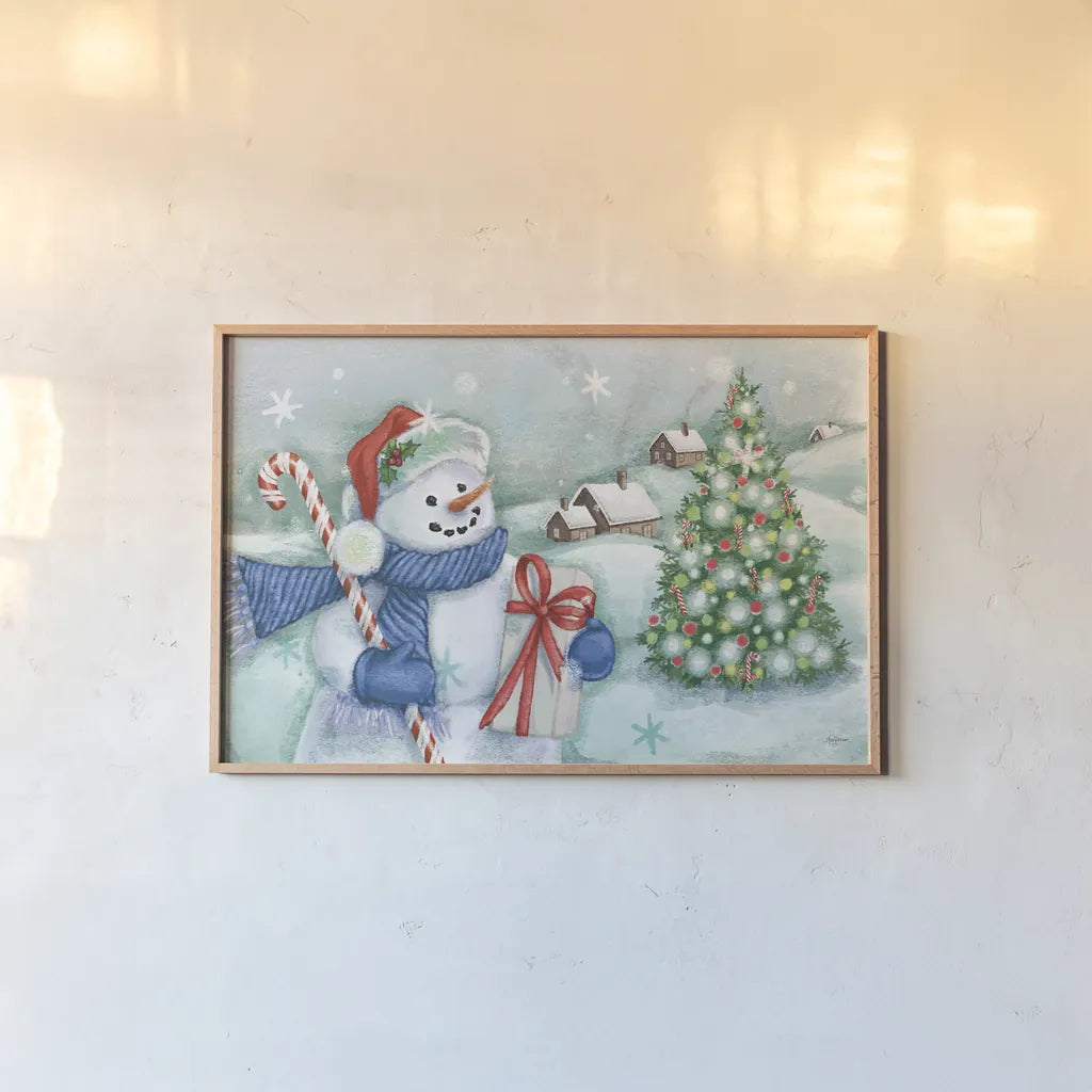 Classic Snowmen I Blue by Mary Urban. shown as a paper print in a natural frame. Available as a archival giclee rolled canvas, fine art paper, or poster print. SKU 57863i.