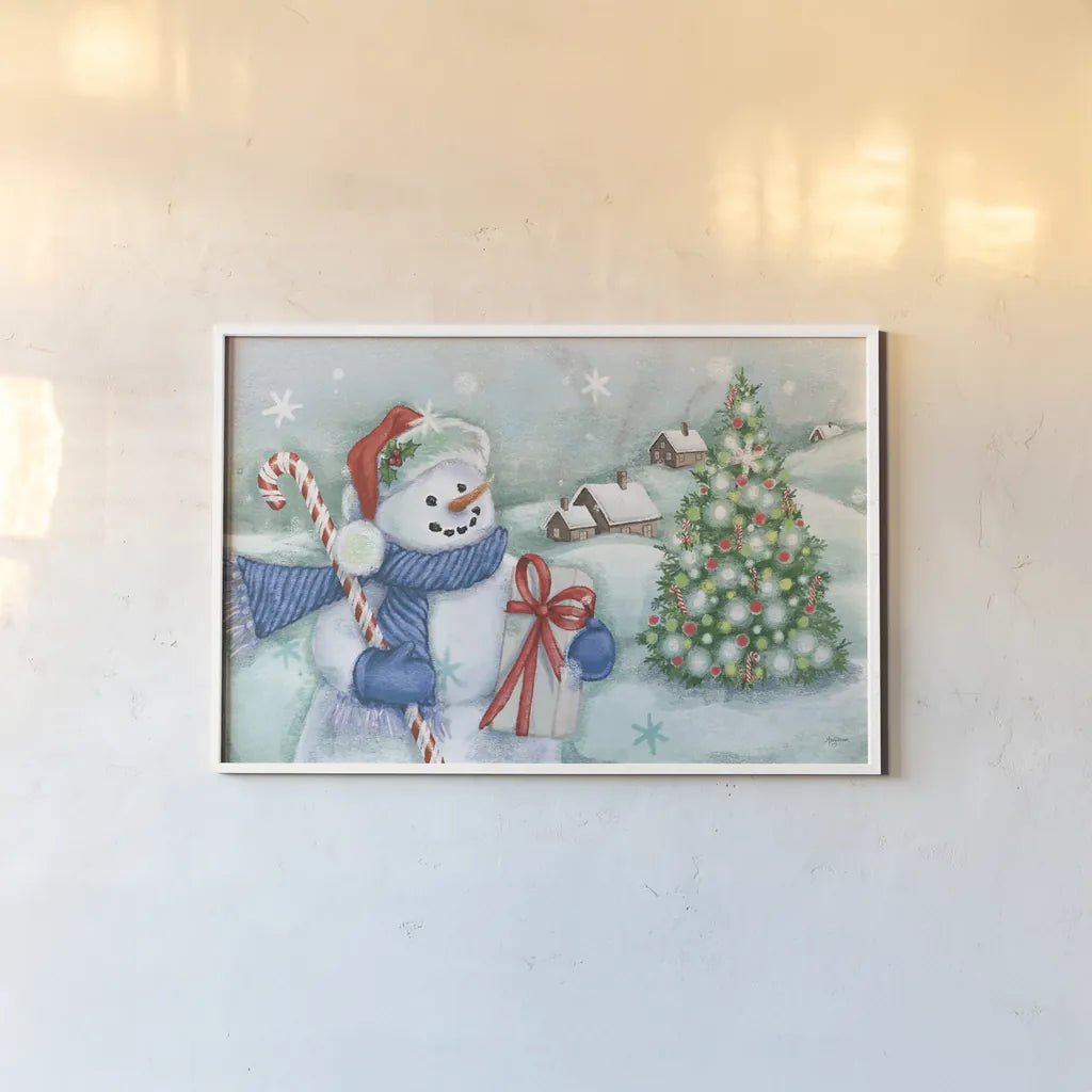 Classic Snowmen I Blue by Mary Urban. shown as a paper print in a white frame. Available as a archival giclee rolled canvas, fine art paper, or poster print. SKU 57863i.