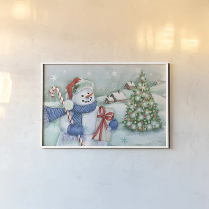 Classic Snowmen I Blue by Mary Urban. shown as a paper print in a white frame. Available as a archival giclee rolled canvas, fine art paper, or poster print. SKU 57863i.