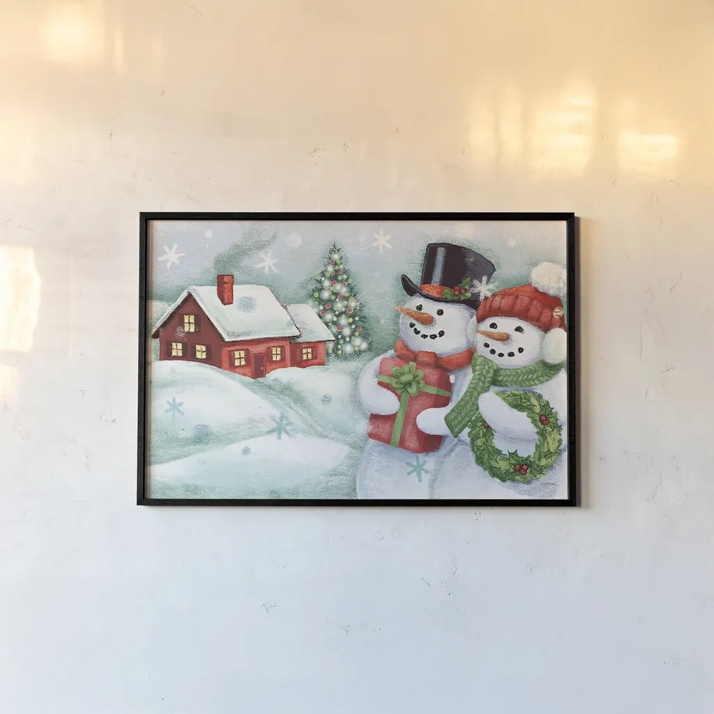 Classic Snowmen II by Mary Urban. shown as a paper print in a black flame. Available as a archival giclee rolled canvas, fine art paper, or poster print. SKU 47163i.