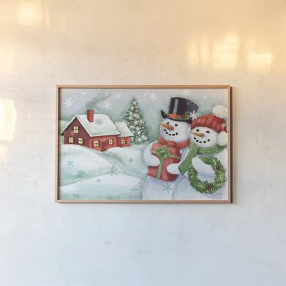 Classic Snowmen II by Mary Urban. shown as a paper print in a natural frame. Available as a archival giclee rolled canvas, fine art paper, or poster print. SKU 47163i.