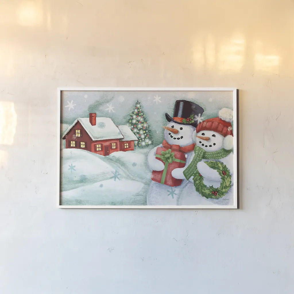Classic Snowmen II by Mary Urban. shown as a paper print in a white frame. Available as a archival giclee rolled canvas, fine art paper, or poster print. SKU 47163i.