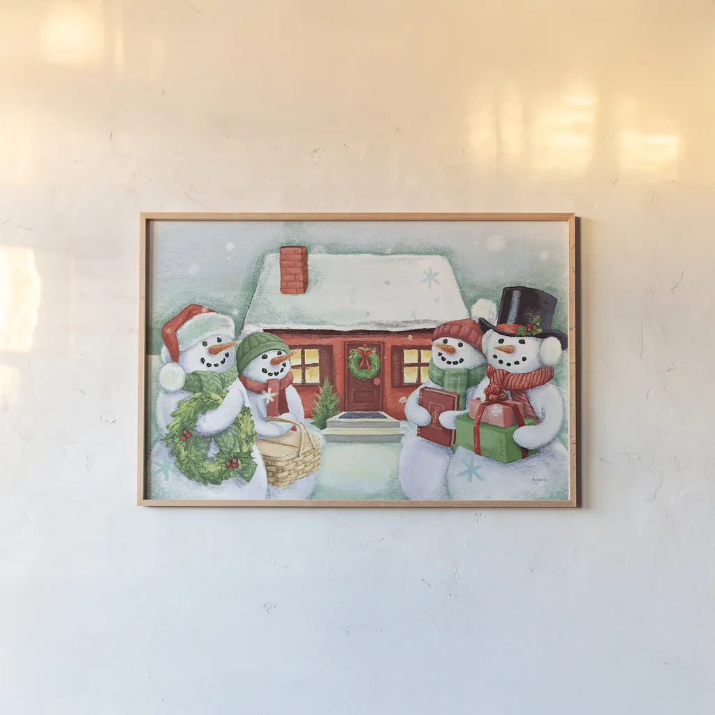 Classic Snowmen III by Mary Urban. shown as a paper print in a natural frame. Available as a archival giclee rolled canvas, fine art paper, or poster print. SKU 47164i.