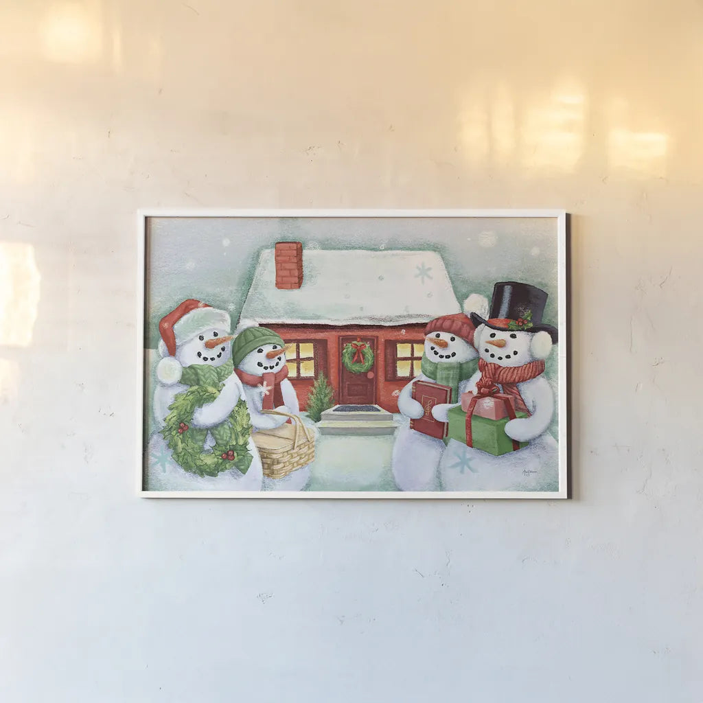 Classic Snowmen III by Mary Urban. shown as a paper print in a white frame. Available as a archival giclee rolled canvas, fine art paper, or poster print. SKU 47164i.