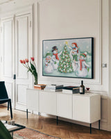 Classic Snowmen IV by Mary Urban. shown as a framed stretched canvas in a living room above a console. Available as a archival giclee rolled canvas, fine art paper, or poster print. SKU 47165i.