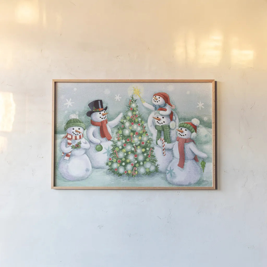 Classic Snowmen IV by Mary Urban. shown as a paper print in a natural frame. Available as a archival giclee rolled canvas, fine art paper, or poster print. SKU 47165i.