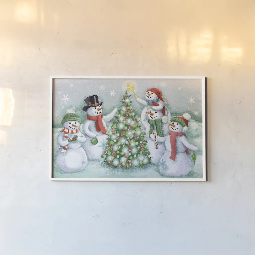 Classic Snowmen IV by Mary Urban. shown as a paper print in a white frame. Available as a archival giclee rolled canvas, fine art paper, or poster print. SKU 47165i.