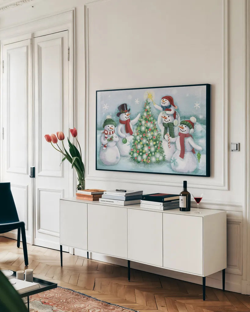Classic Snowmen IV Dark by Mary Urban. shown as a framed stretched canvas in a living room above a console. Available as a archival giclee rolled canvas, fine art paper, or poster print. SKU 47929i.