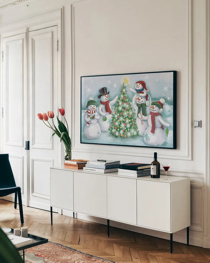 Classic Snowmen IV Dark by Mary Urban. shown as a framed stretched canvas in a living room above a console. Available as a archival giclee rolled canvas, fine art paper, or poster print. SKU 47929i.