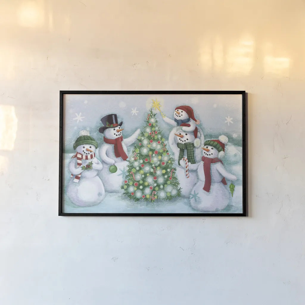 Classic Snowmen IV Dark by Mary Urban. shown as a paper print in a black flame. Available as a archival giclee rolled canvas, fine art paper, or poster print. SKU 47929i.