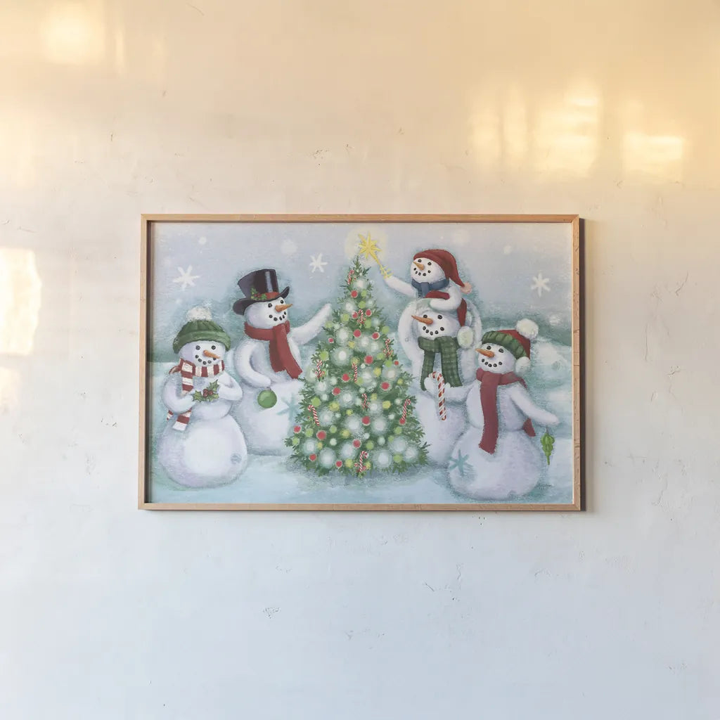 Classic Snowmen IV Dark by Mary Urban. shown as a paper print in a natural frame. Available as a archival giclee rolled canvas, fine art paper, or poster print. SKU 47929i.