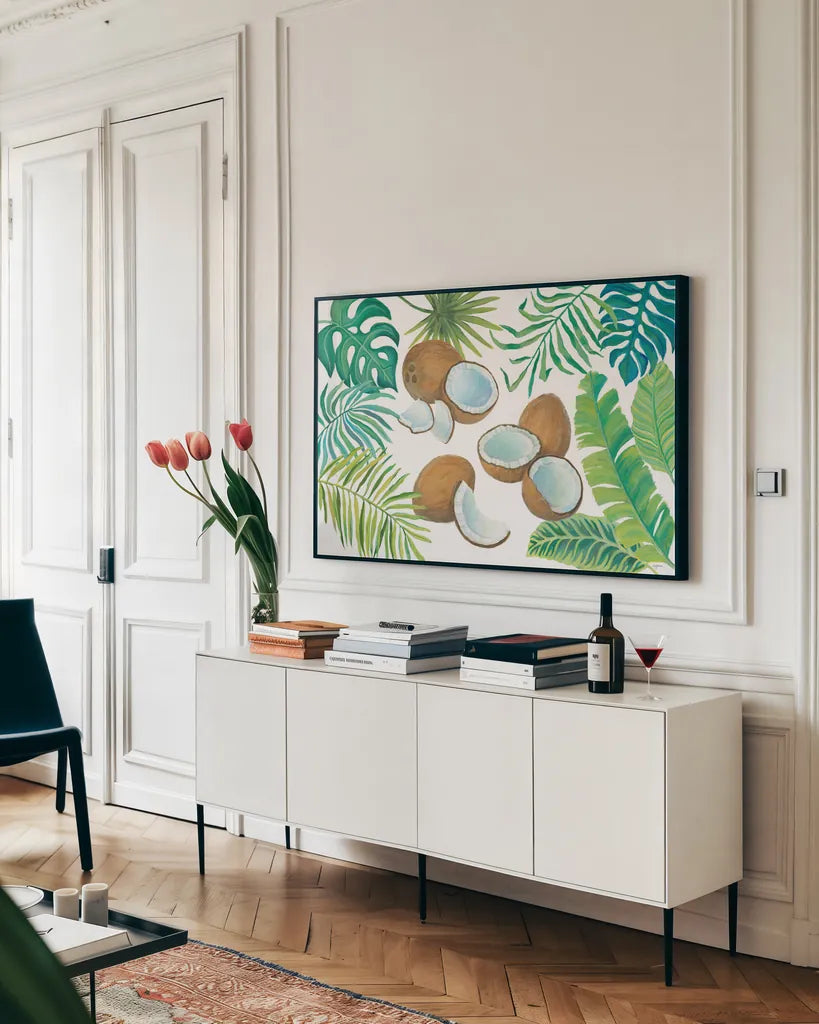 Coconut Palm by Mary Urban. shown as a framed stretched canvas in a living room above a console. Available as a archival giclee rolled canvas, fine art paper, or poster print. SKU 31507i.