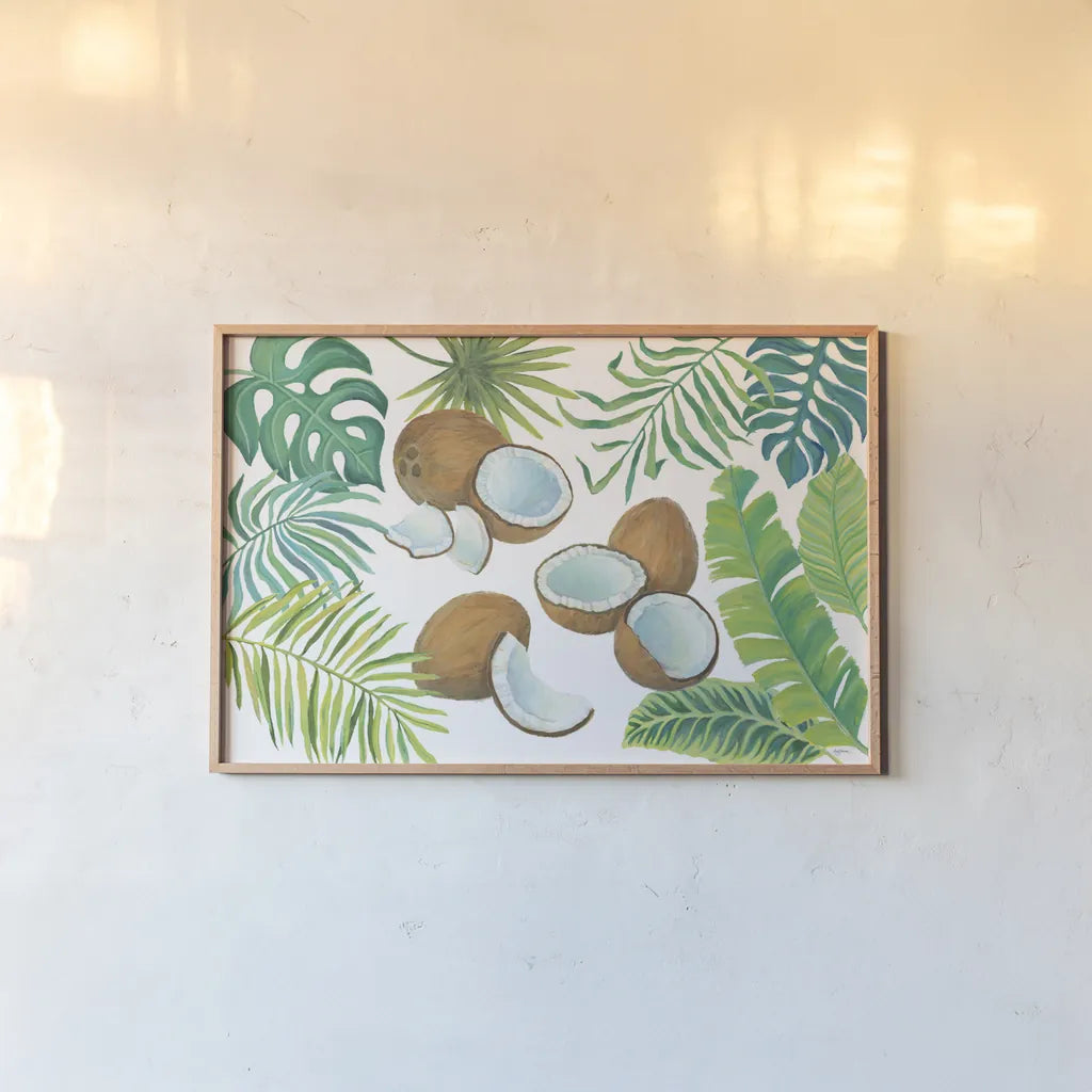 Coconut Palm by Mary Urban. shown as a paper print in a natural frame. Available as a archival giclee rolled canvas, fine art paper, or poster print. SKU 31507i.