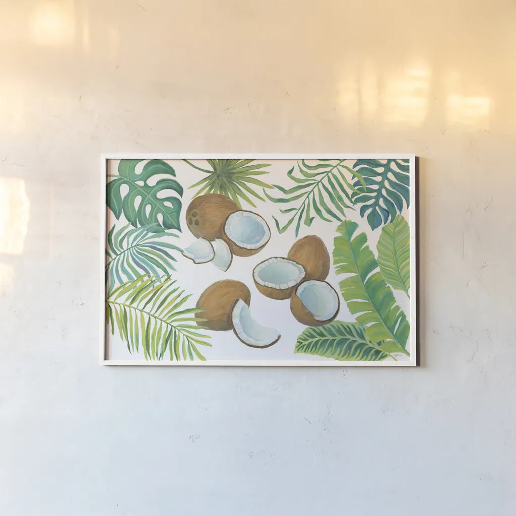 Coconut Palm by Mary Urban. shown as a paper print in a white frame. Available as a archival giclee rolled canvas, fine art paper, or poster print. SKU 31507i.
