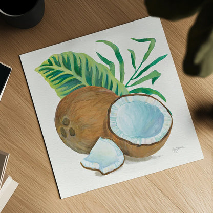 Coconut Palm II by Mary Urban. Shown as a detailed flat fine art print, highlighting archival giclee quality. Available as an archival giclee rolled canvas, fine art paper, or poster print. SKU 31637a.