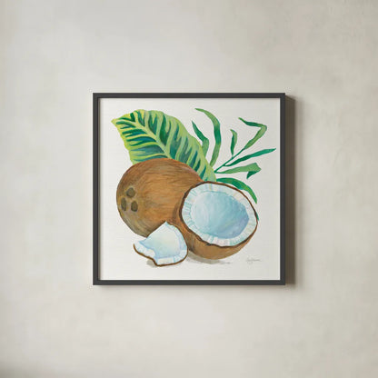 Coconut Palm II by Mary Urban. Shown in a sleek black glass frame for a contemporary gallery look. Available as an archival giclee rolled canvas, fine art paper, or poster print. SKU 31637a.