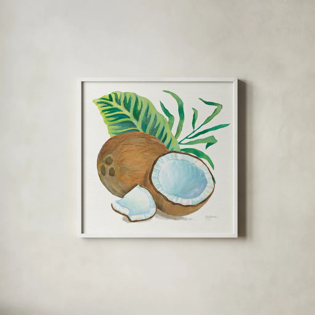 Coconut Palm II by Mary Urban. Shown in a crisp white glass frame for a clean and minimalist style. Available as an archival giclee rolled canvas, fine art paper, or poster print. SKU 31637a.