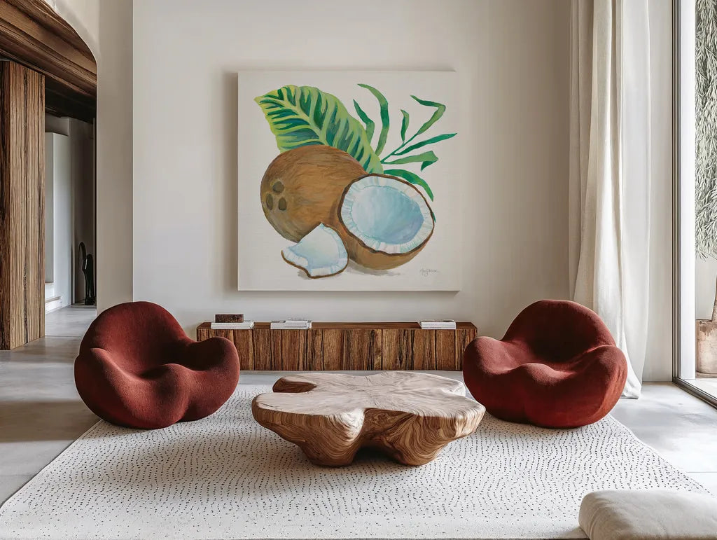 Coconut Palm II by Mary Urban. Shown as extra-large giant wall art in a modern living room. Available as an archival giclee rolled canvas, fine art paper, or poster print. SKU 31637a.