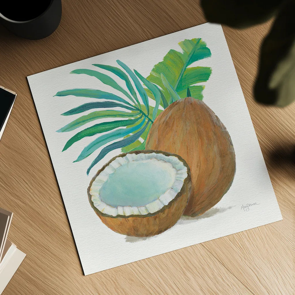 Coconut Palm III by Mary Urban. Shown as a detailed flat fine art print, highlighting archival giclee quality. Available as an archival giclee rolled canvas, fine art paper, or poster print. SKU 31638a.