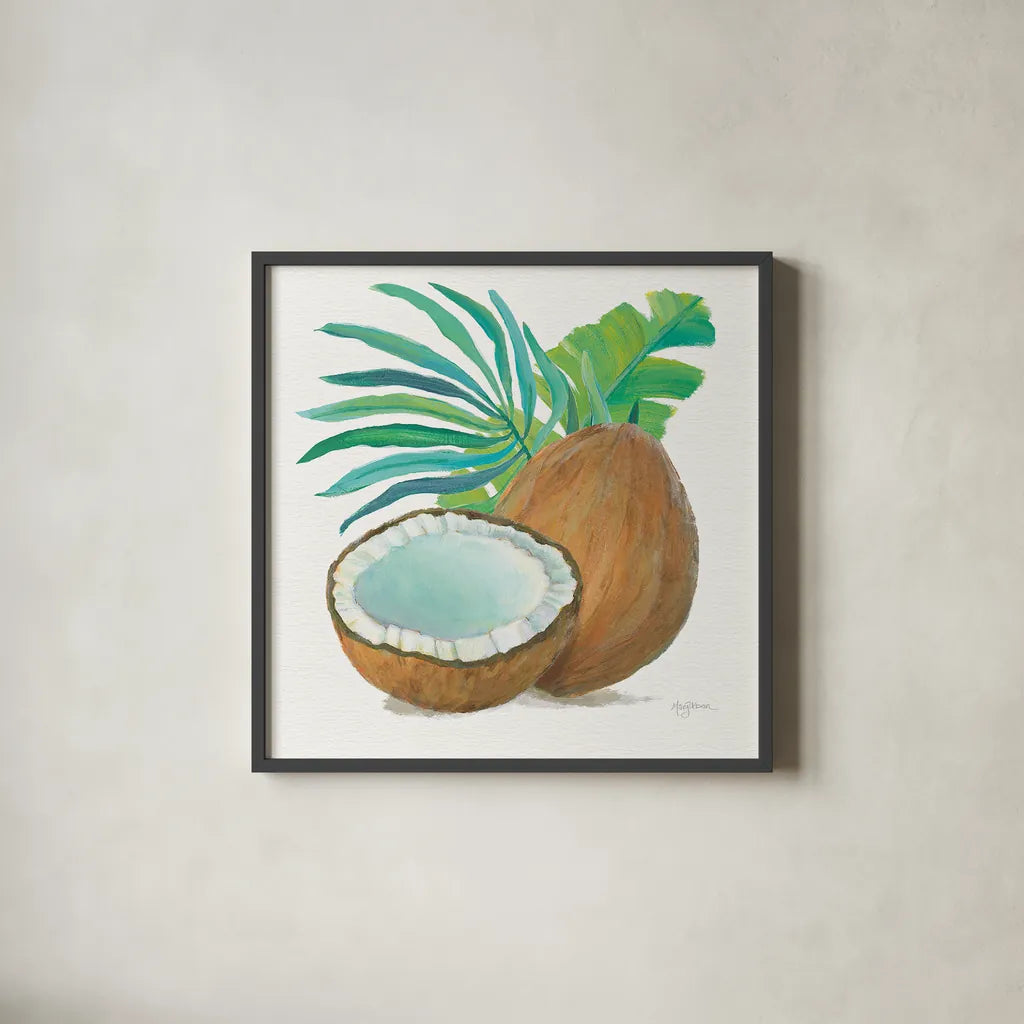 Coconut Palm III by Mary Urban. Shown in a sleek black glass frame for a contemporary gallery look. Available as an archival giclee rolled canvas, fine art paper, or poster print. SKU 31638a.