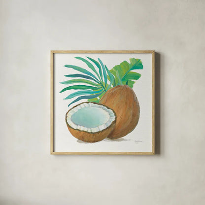 Coconut Palm III by Mary Urban. Shown in a natural wood glass frame for a timeless modern aesthetic. Available as an archival giclee rolled canvas, fine art paper, or poster print. SKU 31638a.