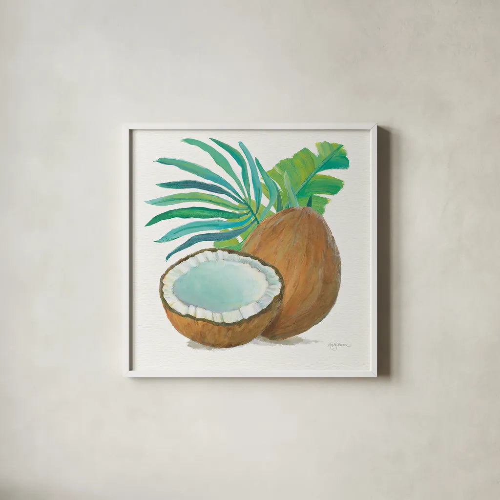 Coconut Palm III by Mary Urban. Shown in a crisp white glass frame for a clean and minimalist style. Available as an archival giclee rolled canvas, fine art paper, or poster print. SKU 31638a.
