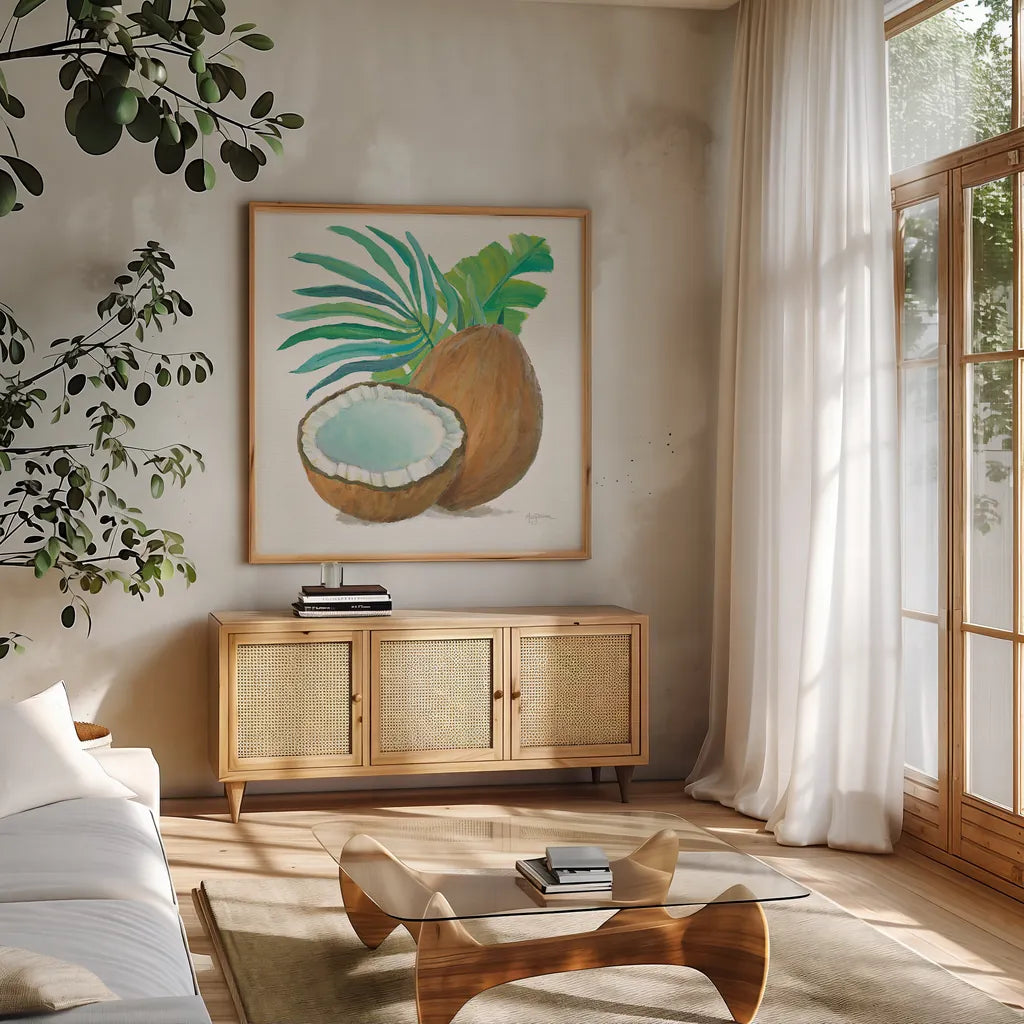 Coconut Palm III by Mary Urban. Shown in a natural wood frame in a cozy modern living room. Available as an archival giclee rolled canvas, fine art paper, or poster print. SKU 31638a.