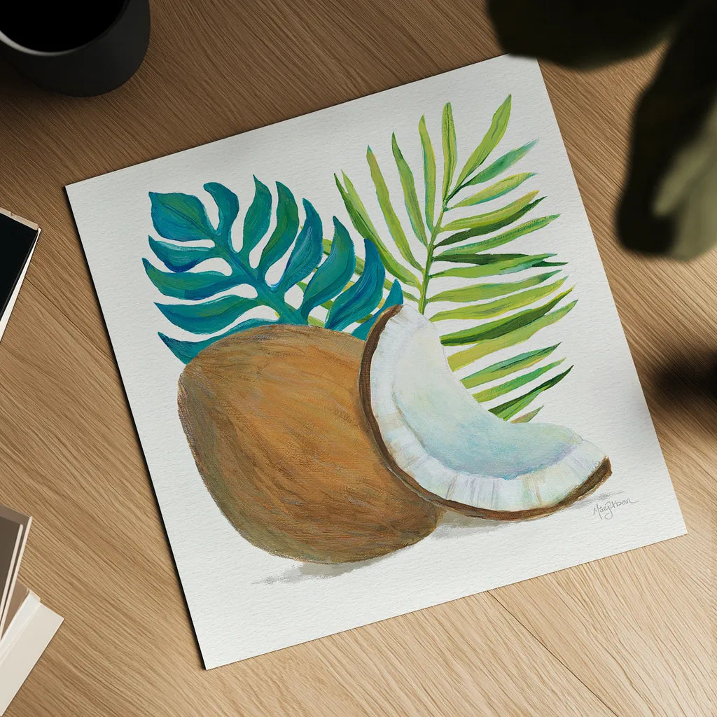 Coconut Palm IV by Mary Urban. Shown as a detailed flat fine art print, highlighting archival giclee quality. Available as an archival giclee rolled canvas, fine art paper, or poster print. SKU 31639a.