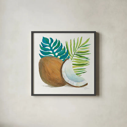 Coconut Palm IV by Mary Urban. Shown in a sleek black glass frame for a contemporary gallery look. Available as an archival giclee rolled canvas, fine art paper, or poster print. SKU 31639a.