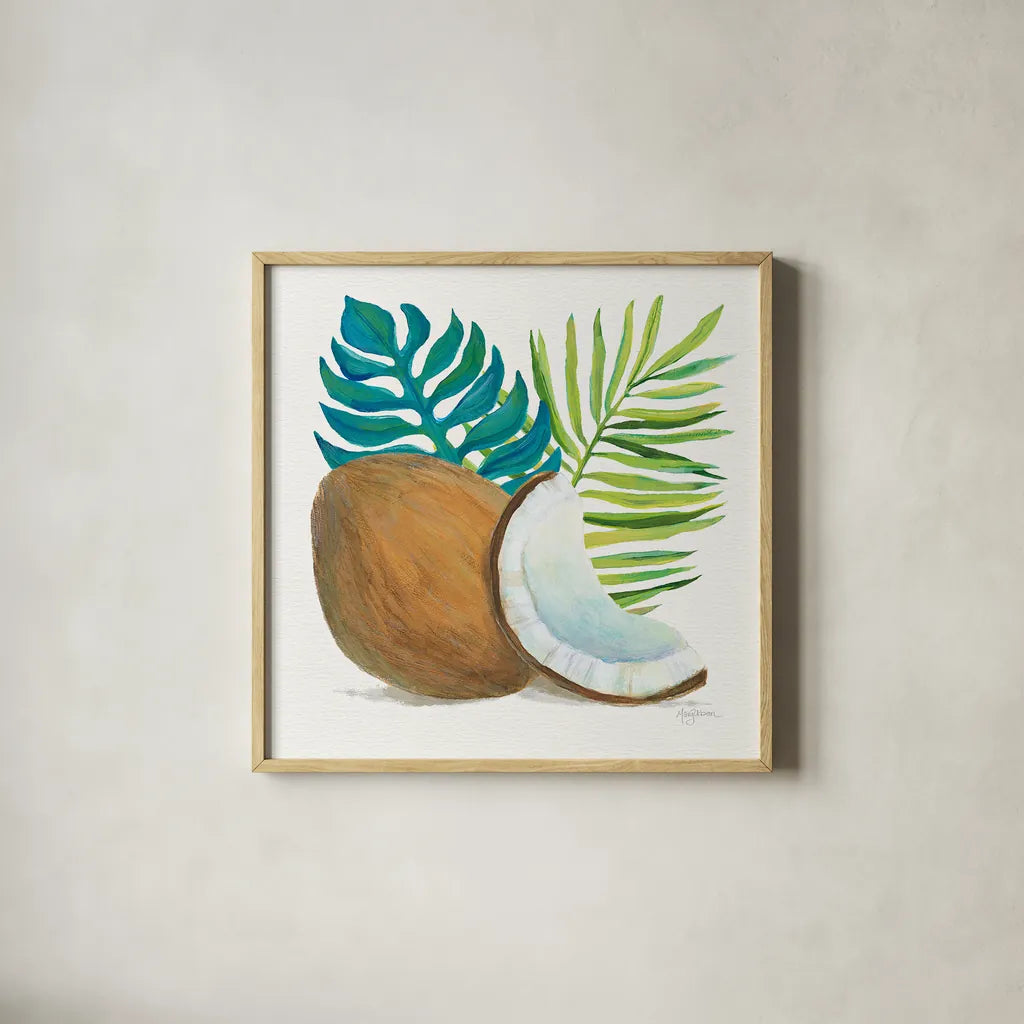 Coconut Palm IV by Mary Urban. Shown in a natural wood glass frame for a timeless modern aesthetic. Available as an archival giclee rolled canvas, fine art paper, or poster print. SKU 31639a.