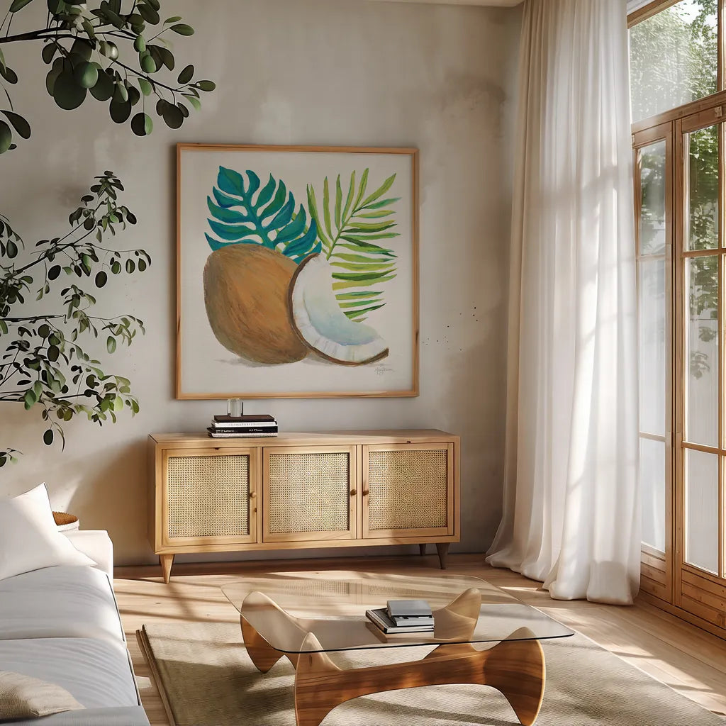 Coconut Palm IV by Mary Urban. Shown in a natural wood frame in a cozy modern living room. Available as an archival giclee rolled canvas, fine art paper, or poster print. SKU 31639a.