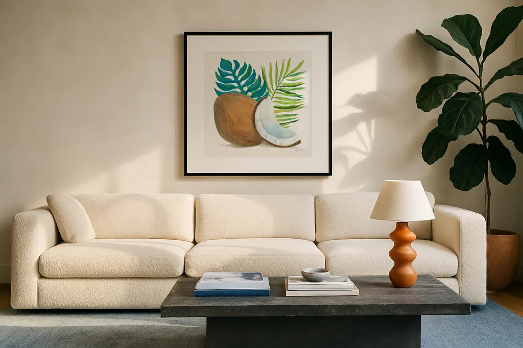 Coconut Palm IV by Mary Urban. Displayed in a glass frame with matte in a clean modern living room. Available as an archival giclee rolled canvas, fine art paper, or poster print. SKU 31639a.