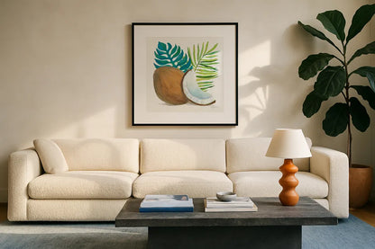Coconut Palm IV by Mary Urban. Displayed in a glass frame with matte in a clean modern living room. Available as an archival giclee rolled canvas, fine art paper, or poster print. SKU 31639a.