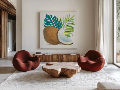 Coconut Palm IV by Mary Urban. Shown as extra-large giant wall art in a modern living room. Available as an archival giclee rolled canvas, fine art paper, or poster print. SKU 31639a.