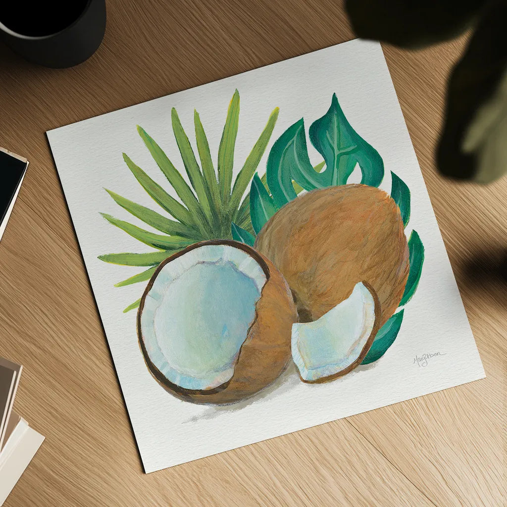 Coconut Palm V by Mary Urban. Shown as a detailed flat fine art print, highlighting archival giclee quality. Available as an archival giclee rolled canvas, fine art paper, or poster print. SKU 31640a.