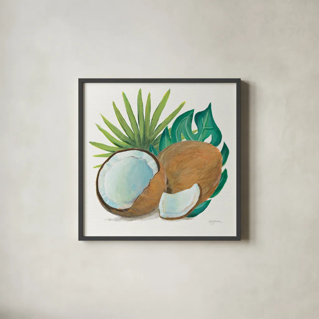 Coconut Palm V by Mary Urban. Shown in a sleek black glass frame for a contemporary gallery look. Available as an archival giclee rolled canvas, fine art paper, or poster print. SKU 31640a.